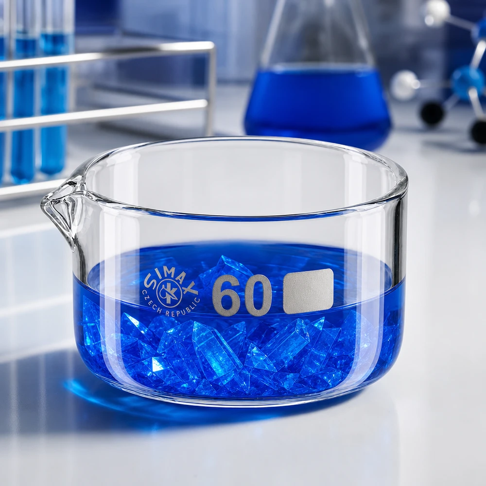 Prato de cristalização de 60ml com bico de borosilicato ø60mm Bacia de cristalização Simax 60 ml, vidro borossilicato, cristais azuis, bacia de laboratório cilíndrica, plana e transparente