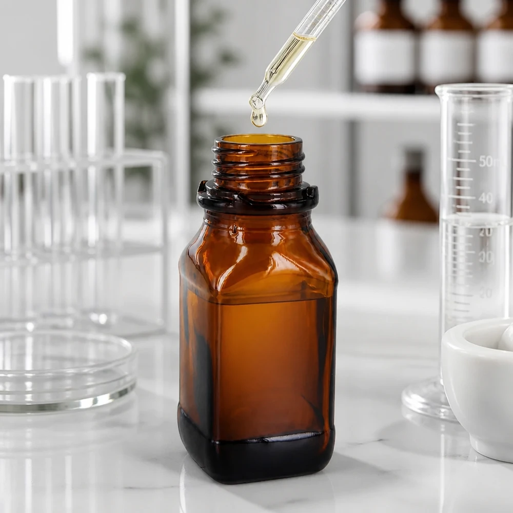 Frasco de vidro castanho de 100 ml para as suas substâncias valiosas