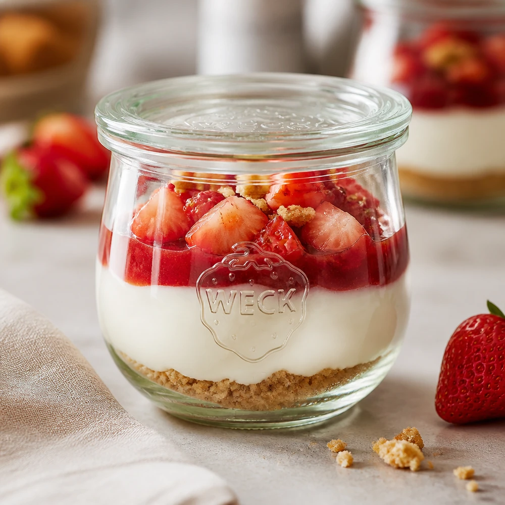 370ml Tulpenglas mit Glasdeckel WECK RR80 Frasco tulipa WECK 370ml RR80 com sobremesa de morango em camadas e base de biscoito servido como sobremesa num frasco