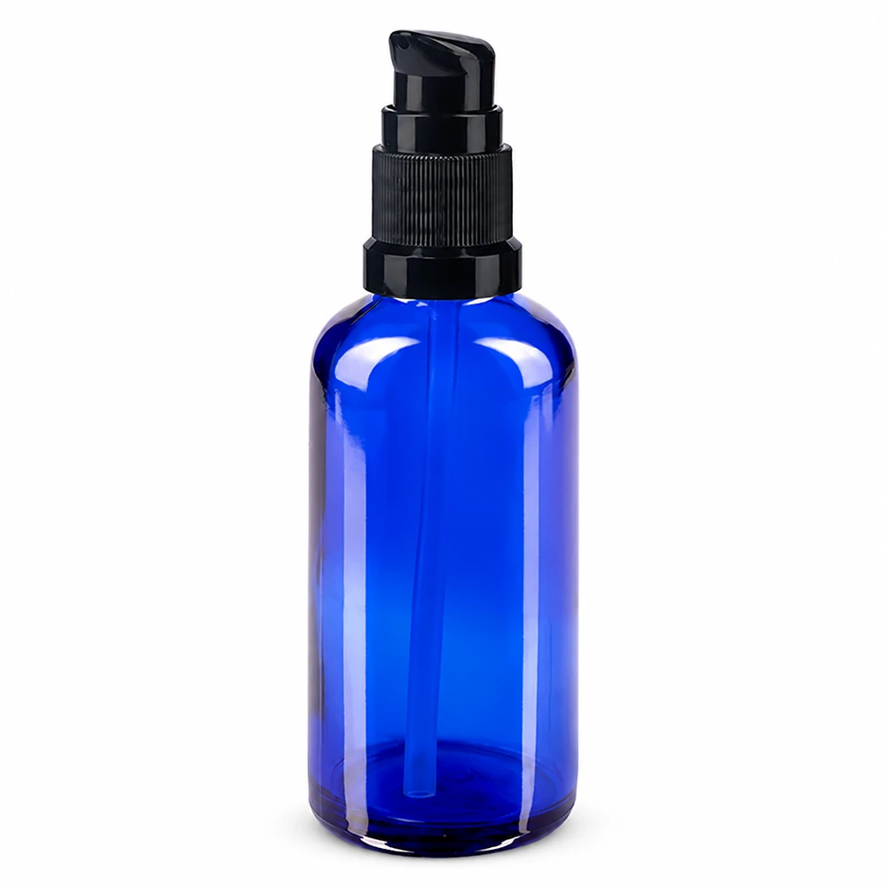 Frasco de vidro azul de 50 ml com bomba preta para farmácias e cosméticos
