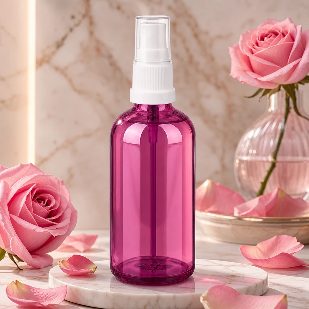 Frasco de spray com bomba de 100 ml com cabeça de spray branca num elegante aspeto de vidro púrpura