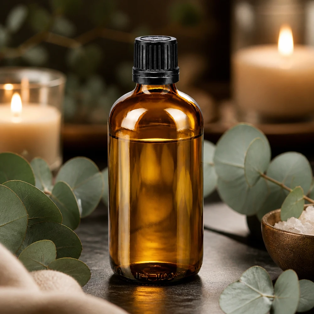 Frasco de farmácia castanho 100ml tampa conta-gotas premium 1mm preto fecho inviolável Frasco conta-gotas de vidro castanho de 100 ml com tampa OV preta sobre fundo «Spa» com eucalipto
