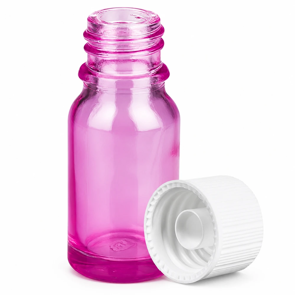 Pequeno frasco de vidro violeta de 10 ml com tampa branca, ideal para aromaterapia e cosméticos naturais