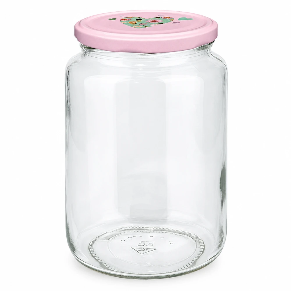 Frasco redondo de 795 ml + tampa BasicSeal cor-de-rosa UNiTWIST Rundglas 795ml mit rosa BasicSeal Deckel Herz-Motiv Einmachglas Vorratsglas mit Twist-Off Verschluss leer