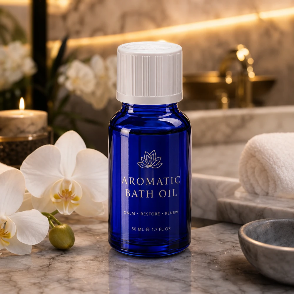 Frasco azul de 50 ml de óleo aromático com tampa de segurança para crianças branca, sobre mármore, ao lado de uma orquídea