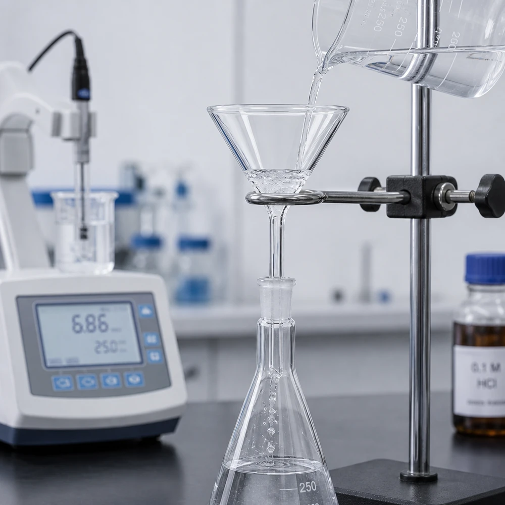 Funil ø55mm cal sodada, ângulo 60°, estilo curto Funil preciso de 55 mm em vidro de cal sodada com pega curta para uma dosagem exacta no laboratório e na cozinha