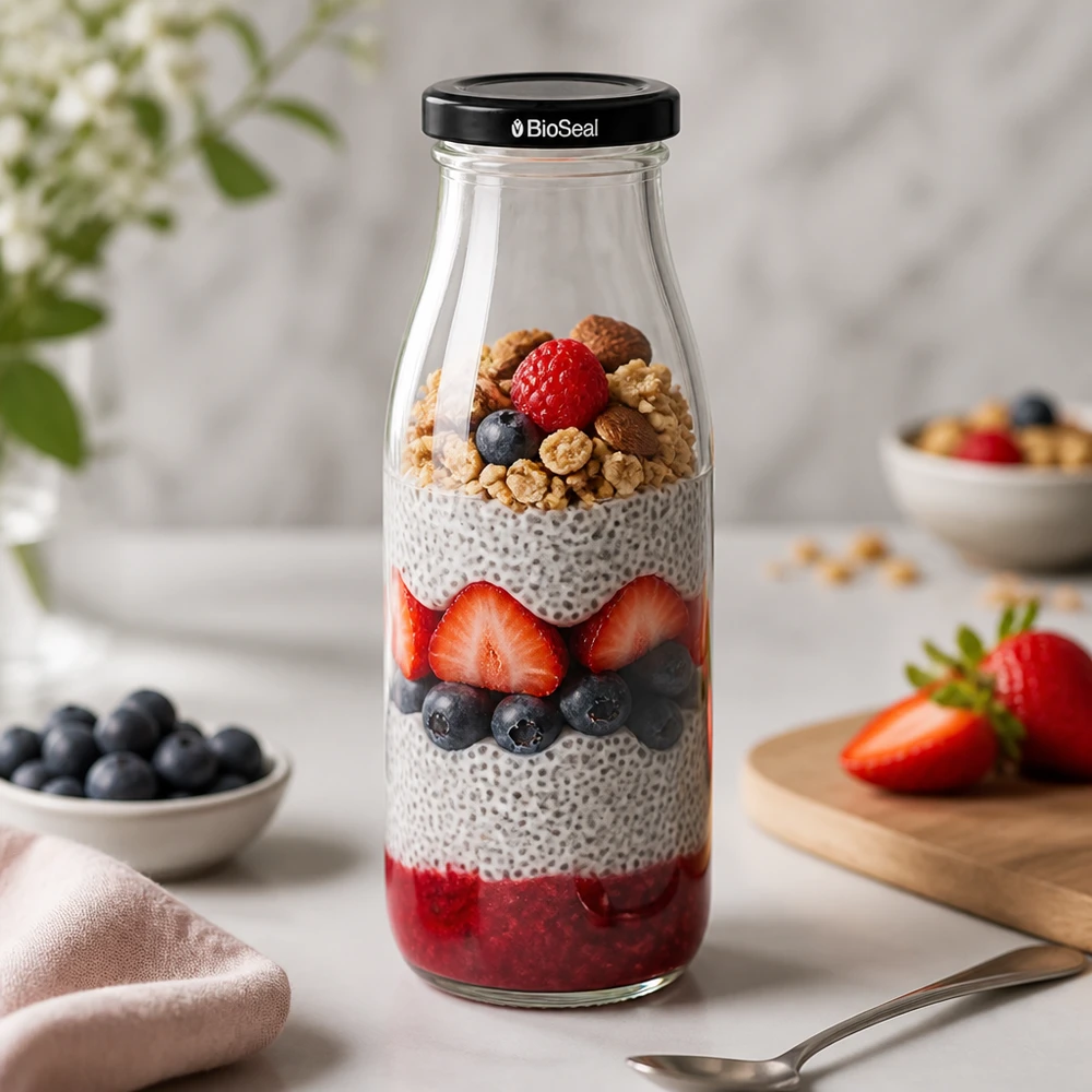 Frasco de vidro de 500 ml + tampa BioSeal preta UNiTWIST Garrafa de vidro de 500 ml cheia de sobremesa em camadas de pudim de chia - bagas e nozes e tampa BioSeal para refeições saudáveis