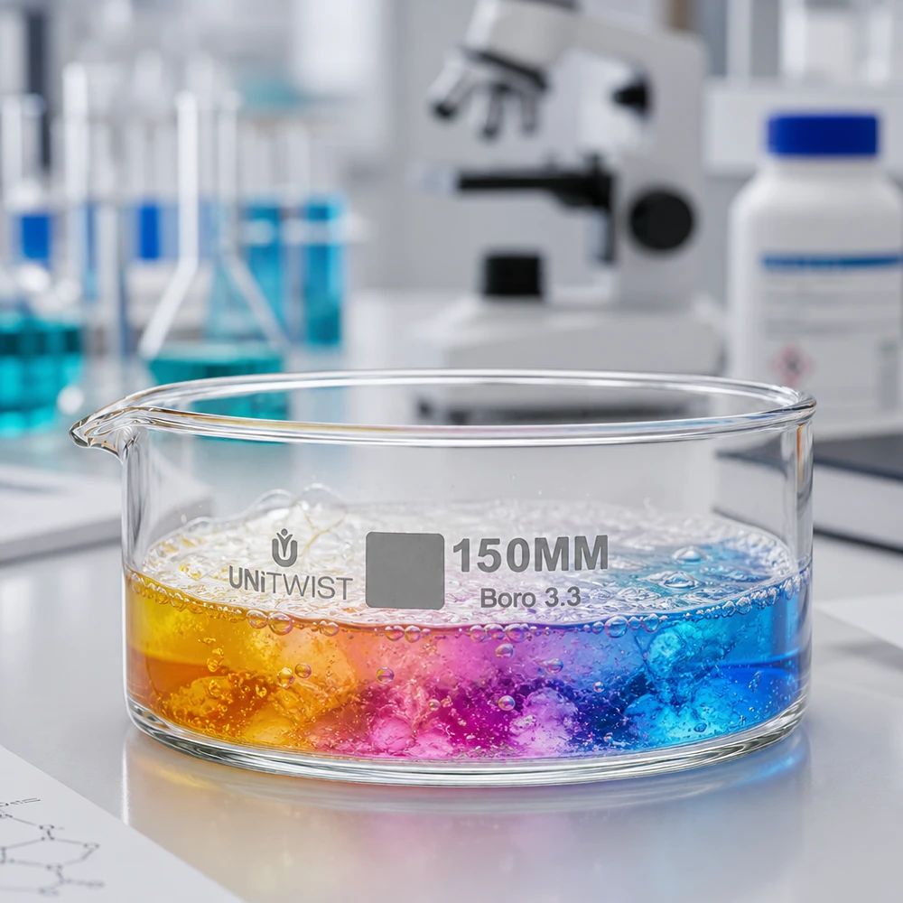Bandeja de cristalização de 150 mm UNiTWIST Boro 3.3 com reação cromática multicolorida (amarelo, rosa e azul) no laboratório