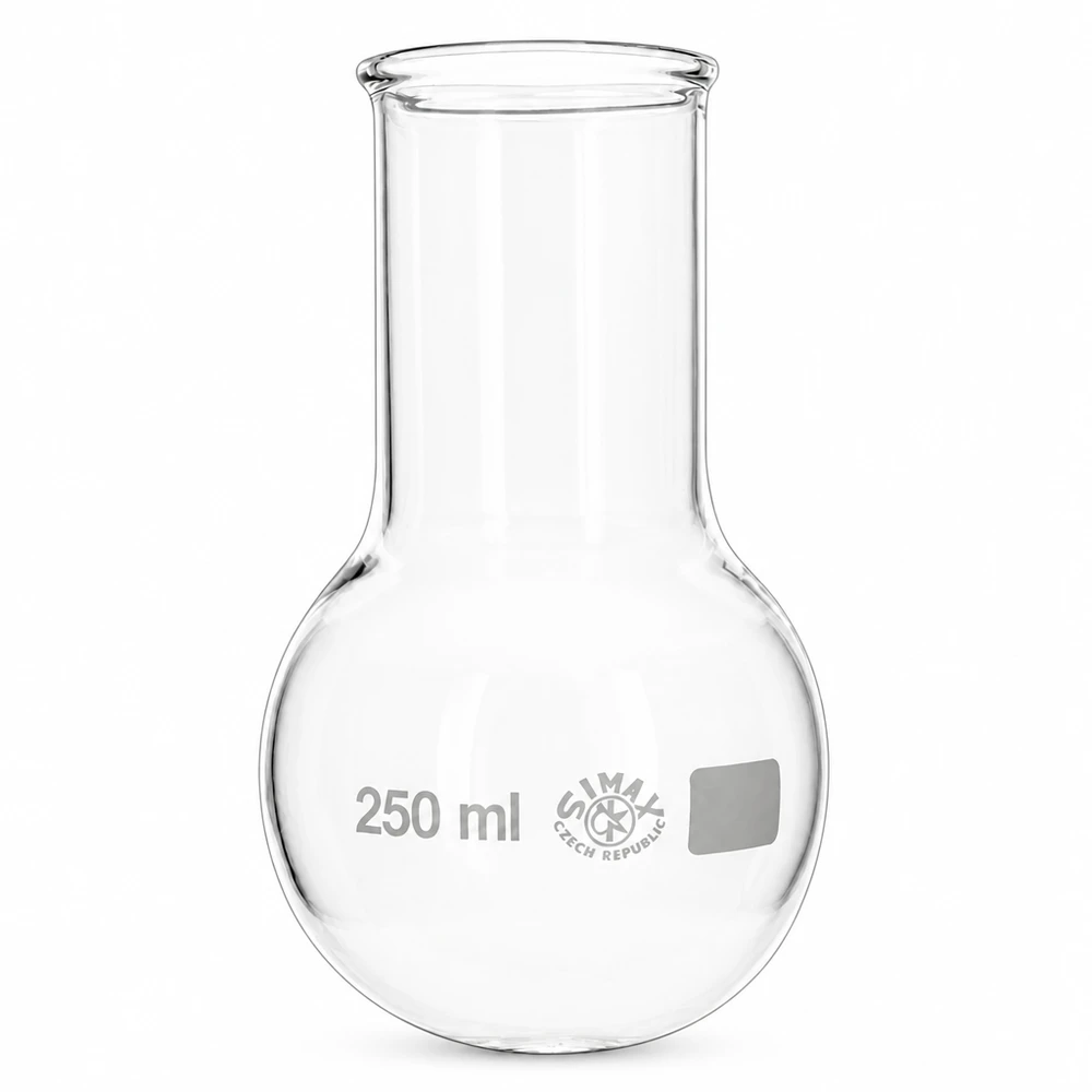 Balão de fundo redondo de gargalo largo de 250 ml com abertura larga para facilitar o enchimento e a limpeza