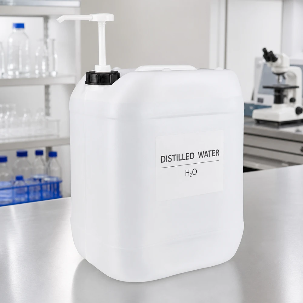 Recipiente de laboratório de 20 litros com bomba, cheio de água destilada (H₂O), sobre uma mesa de aço inoxidável