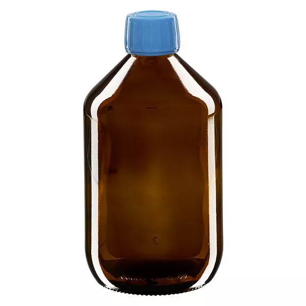 Frasco de medicamento de 500ml castanho, tampa azul com anel inviolável ApoGlas Frasco de medicamento de 500ml castanho, tampa azul com anel inviolável ApoGlas