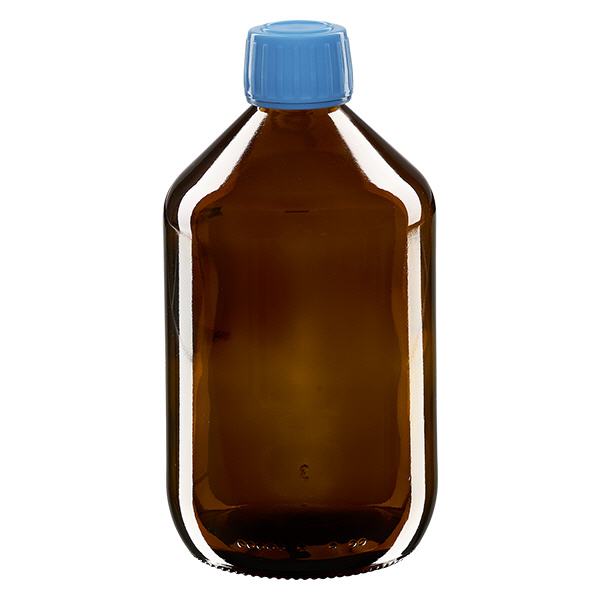 Frasco de medicamento de 500ml castanho, tampa azul com anel inviolável ApoGlas