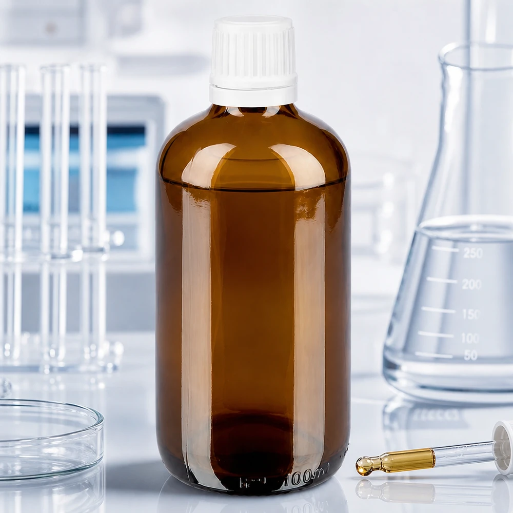 Frasco de farmácia castanho 100ml tampa de rosca branca fecho inviolável Frasco de vidro castanho de 100 ml com tampa OV branca de 11 mm, utilizado em ambiente laboratorial com frascos de Erlenmeyer