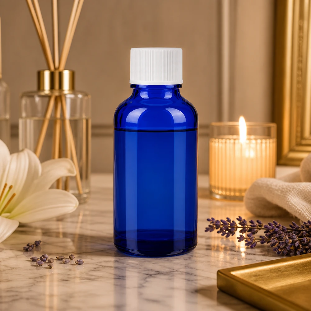 Frasco de vidro BlueLine de 30 ml com proteção UV para substâncias sensíveis à luz e cosméticos naturais