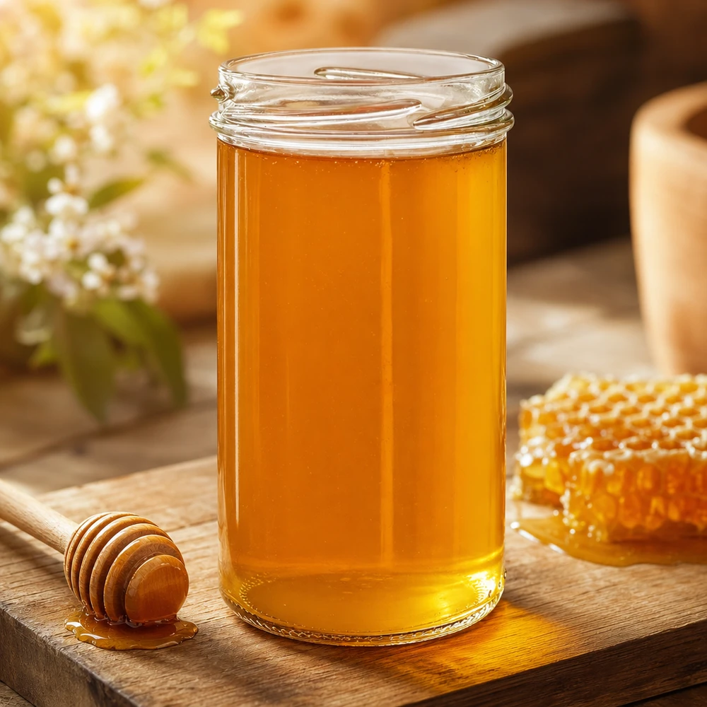 Copos de vidro de 277 ml sem tampa (TO66) UNiTWIST UNiTWIST Sturzglas 277ml mit goldenem Honig gefüllt auf Holzbrett mit Honiglöffel und Waben - perfekt für Marmelade und