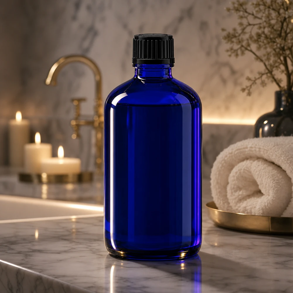 Frasco de farmácia azul 100ml tampa de rosca preta standard Garrafa de vidro azul de 100 ml com tampa de rosca preta sobre mármore branco na casa de banho