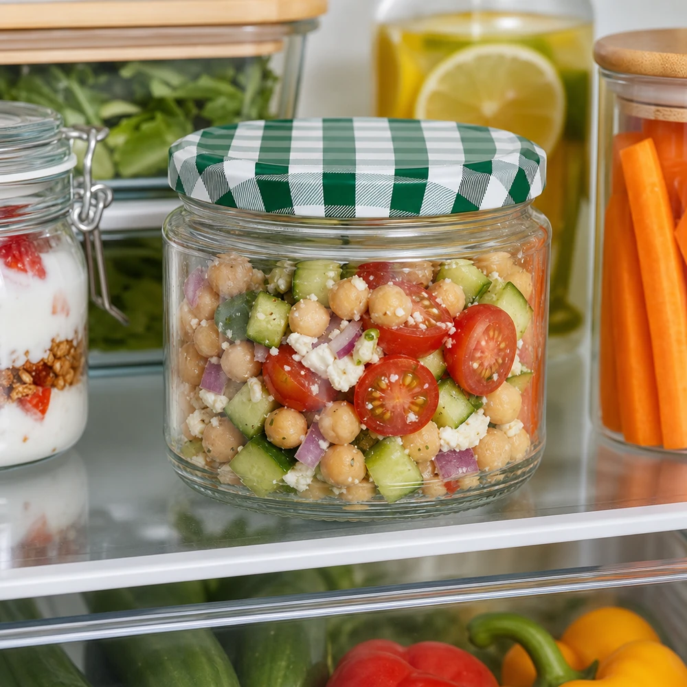 330ml Rundglas mit Kichererbsen-Salat im Kühlschrank, grün-weißer BasicSeal Deckel, Meal Prep und Frischhaltung