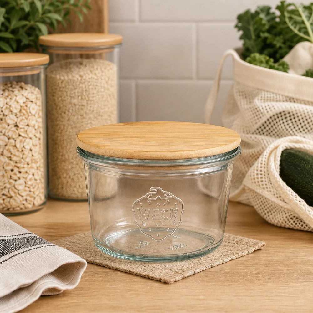Copos WECK 80ml RR60 tampa de madeira organização sustentável da arrumação da cozinha arrumação amiga do ambiente desperdício zero