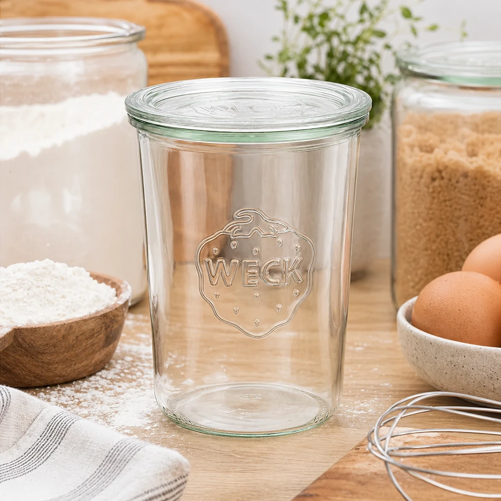 Frasco de conserva WECK 850ml RR100 em ambiente de cozinha com farinha, ovos e utensílios de cozinha Frasco de conserva com tampa de vidro