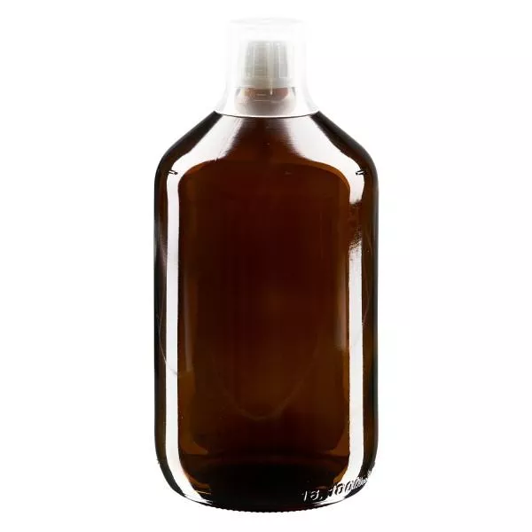 Frasco para medicamentos de 1000ml castanho, fecho inviolável com copo doseador 30ml ApoGlas Frasco para medicamentos de 1000ml castanho, fecho inviolável com copo doseador 30ml ApoGlas