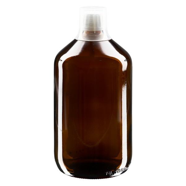 Frasco para medicamentos de 1000ml castanho, fecho inviolável com copo doseador 30ml ApoGlas