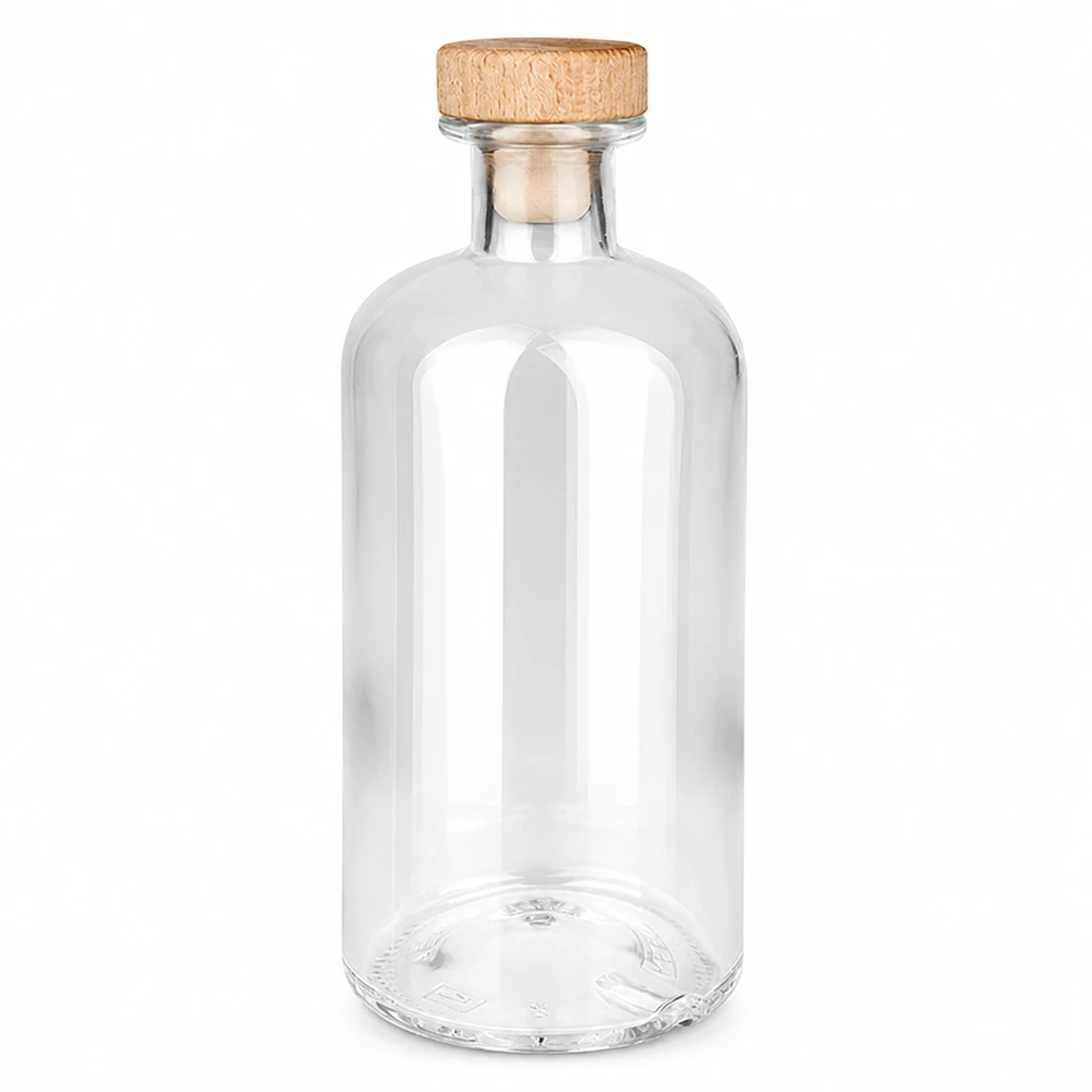 500ml Glasflasche "Flora" mit Holzgriff-Korken UNiTWIST Garrafa de vidro de 500 ml Flora com pega de madeira e rolha UNiTWIST transparente vazia sobre um fundo branco