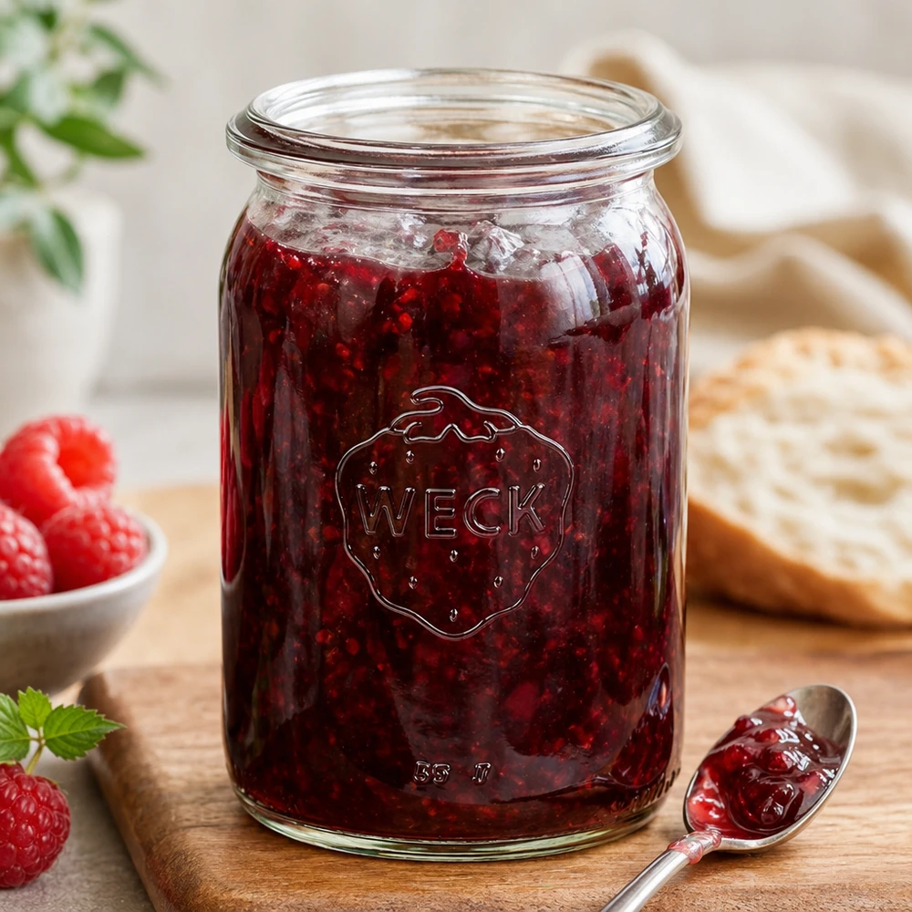Frasco cilíndrico de 145ml WECK RR40 Frasco de conserva WECK RR40 de 145 ml cheio de compota vermelha e colher sobre tábua de madeira ao lado de morangos e pão
