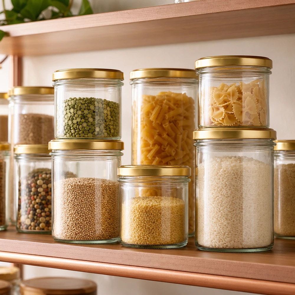 Copos de vidro de 125 ml com tampa BasicSeal dourada UNiTWIST 125ml Sturzgläser mit BasicSeal Deckel gold zur stilvollen Aufbewahrung von Pasta, Reis und Hülsenfrüchten im Vorratssch