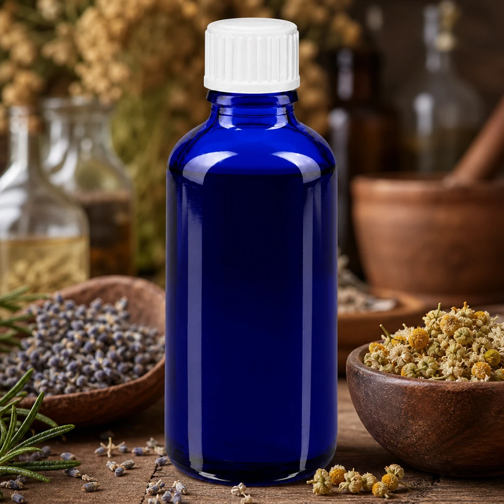 Frasco de farmácia azul 50ml tampa de rosca branca Globuli Standard Frasco de vidro de farmácia azul de 50 ml com tampa de segurança para crianças branca, entre flores de camomila
