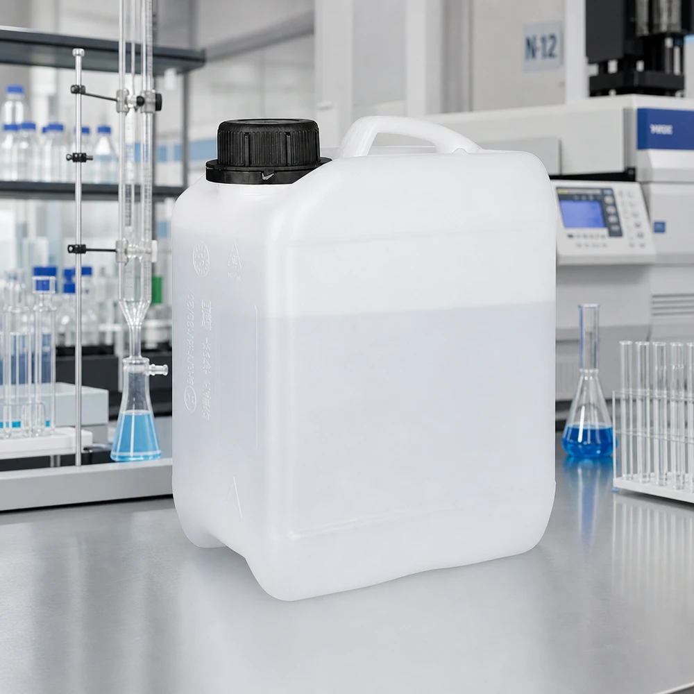 Pequeno bidão de plástico translúcido de 2,5 L, com homologação UN e tampa de rosca resistente