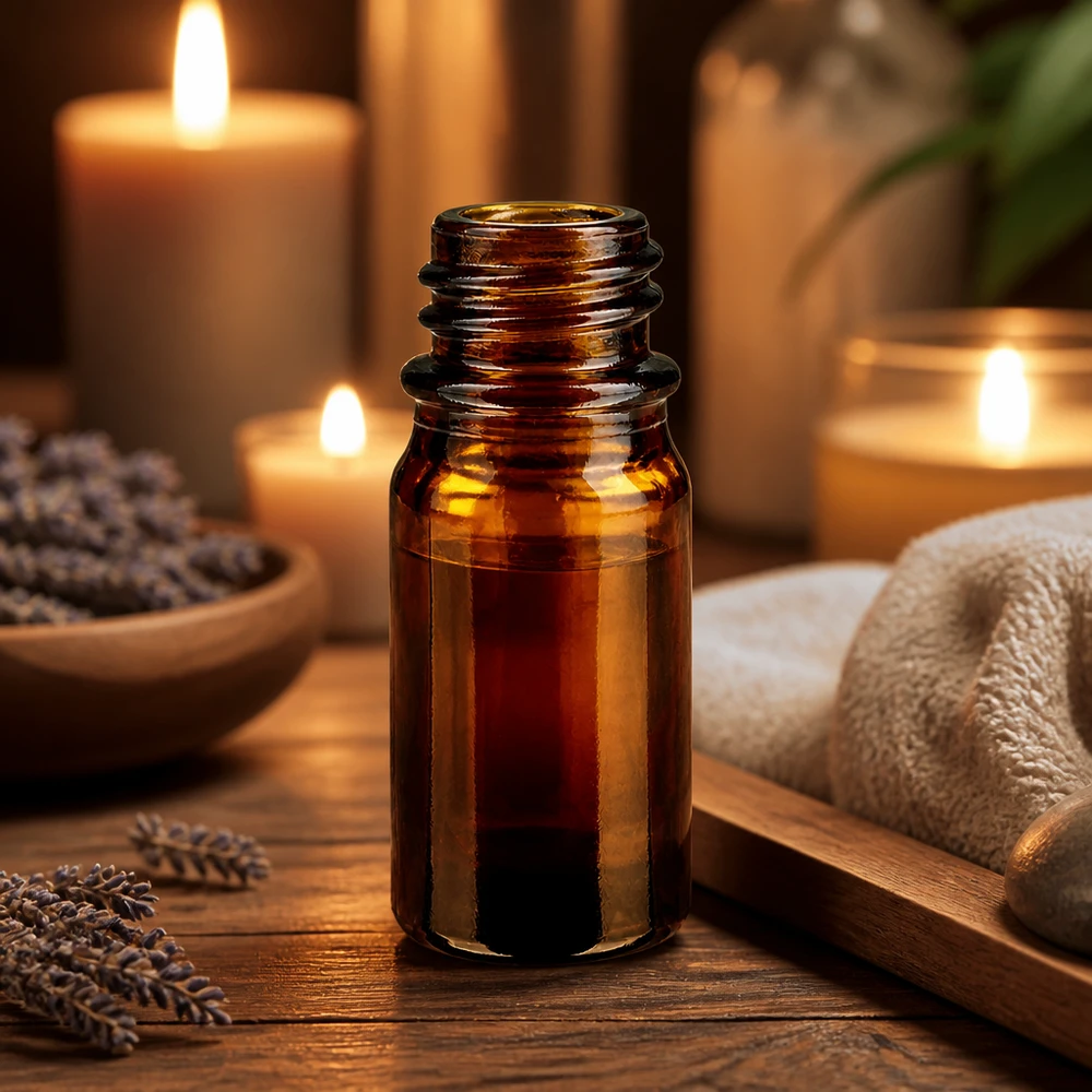 Frasco conta-gotas de 5 ml DIN 18 em vidro âmbar Frasco de farmácia castanho de 5 ml ApoGlas à luz de velas quentes com toalha e decoração de spa numa mesa de madeira