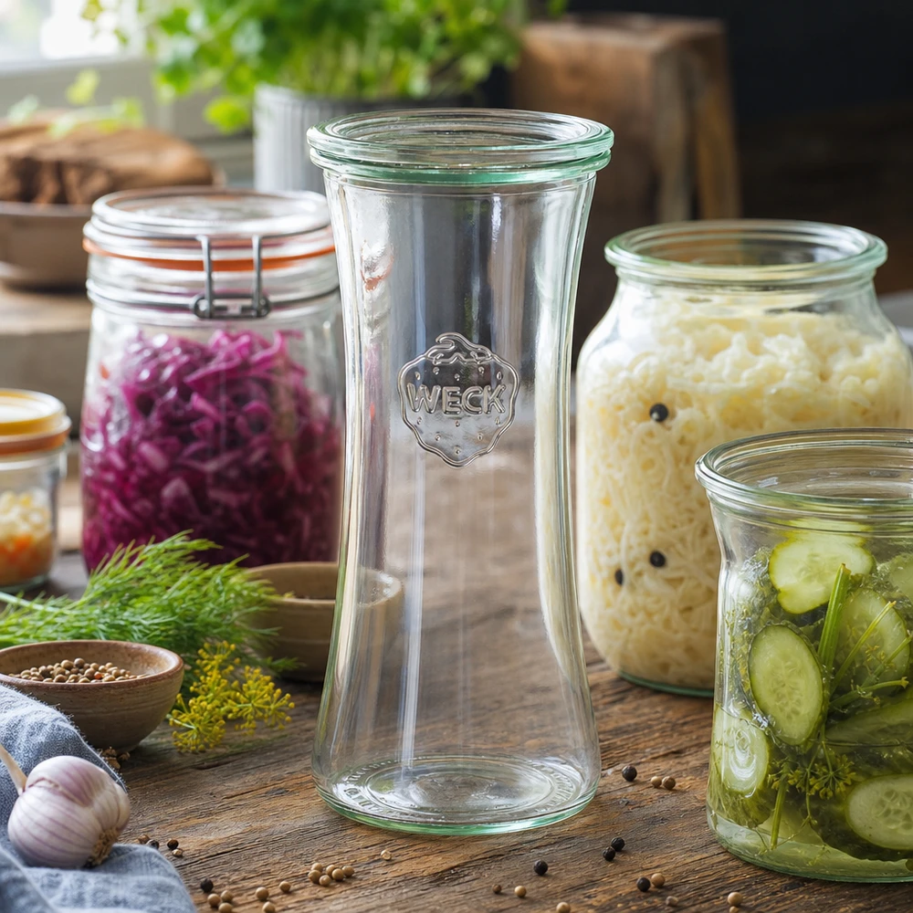 WECK Delikatessenglas 700ml RR80 umgeben von selbstgemachten Fermentationsprodukten wie Sauerkraut und eingelegten Gurke