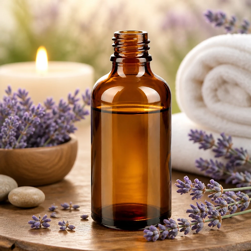 Frasco conta-gotas 50 ml DIN 18 em vidro âmbar Frasco de farmácia ApoGlas castanho de 50 ml com configuração de aromaterapia de lavanda e toalhas brancas sobre mesa de madeira