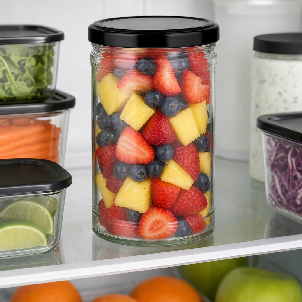 Frasco de 1053 ml com tampa preta cheio de salada de frutas no frigorífico ao lado de outros frascos com legumes