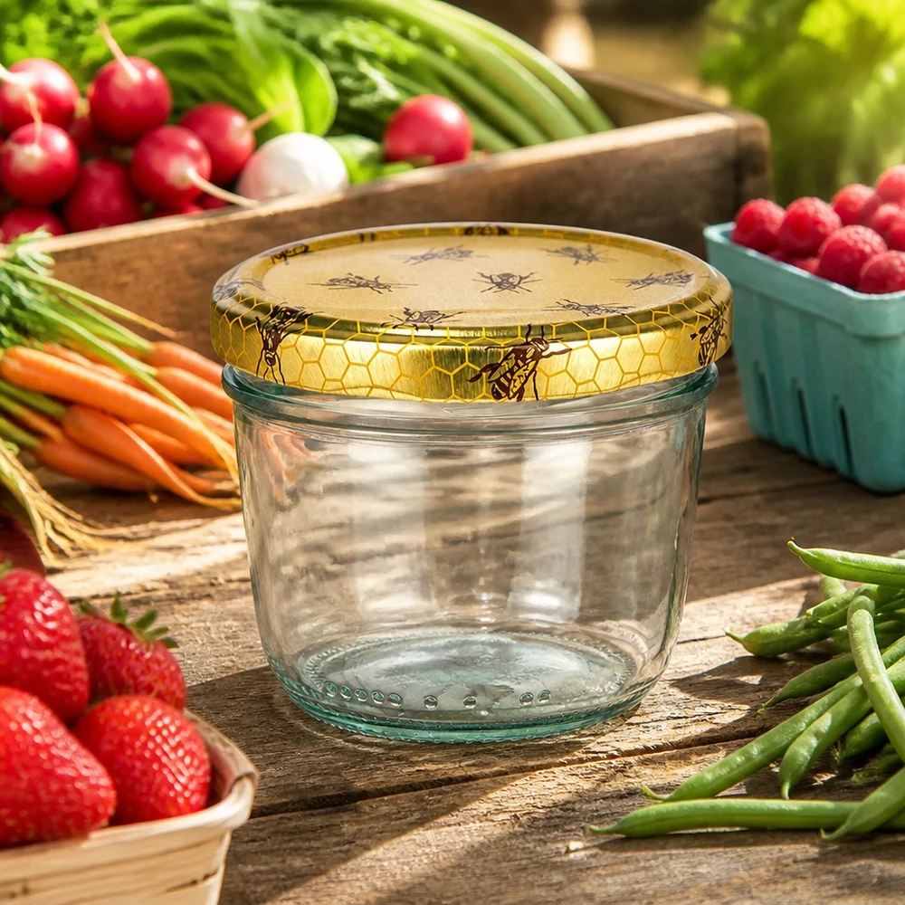 Copo de vidro de 230 ml + tampa BasicSeal em favo de mel UNiTWIST Copos de 230 ml com tampas em forma de favo de mel rodeados de frutas e legumes frescos numa mesa de madeira rústica