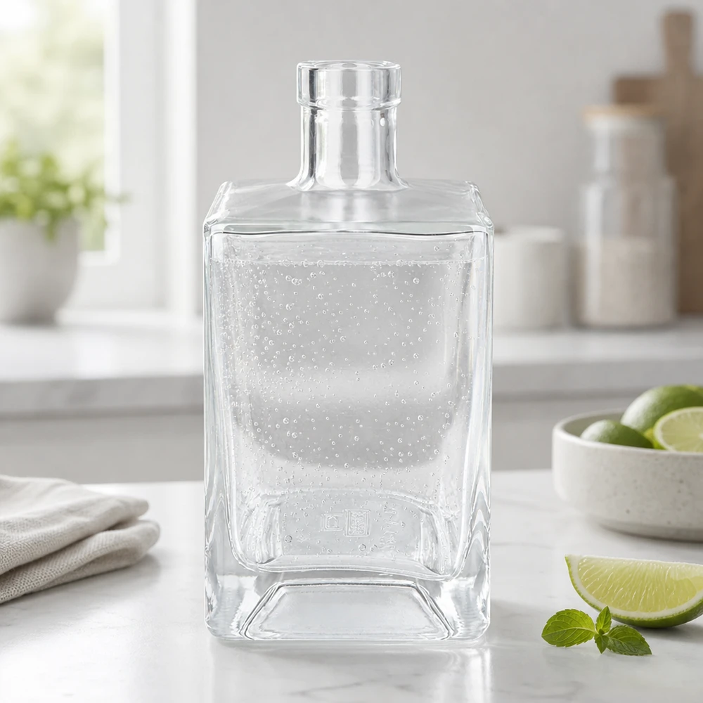 Garrafa de vidro de 700 ml de Ben cheia de água mineral refrescante em cozinhas modernas, juntamente com limas e hortelã