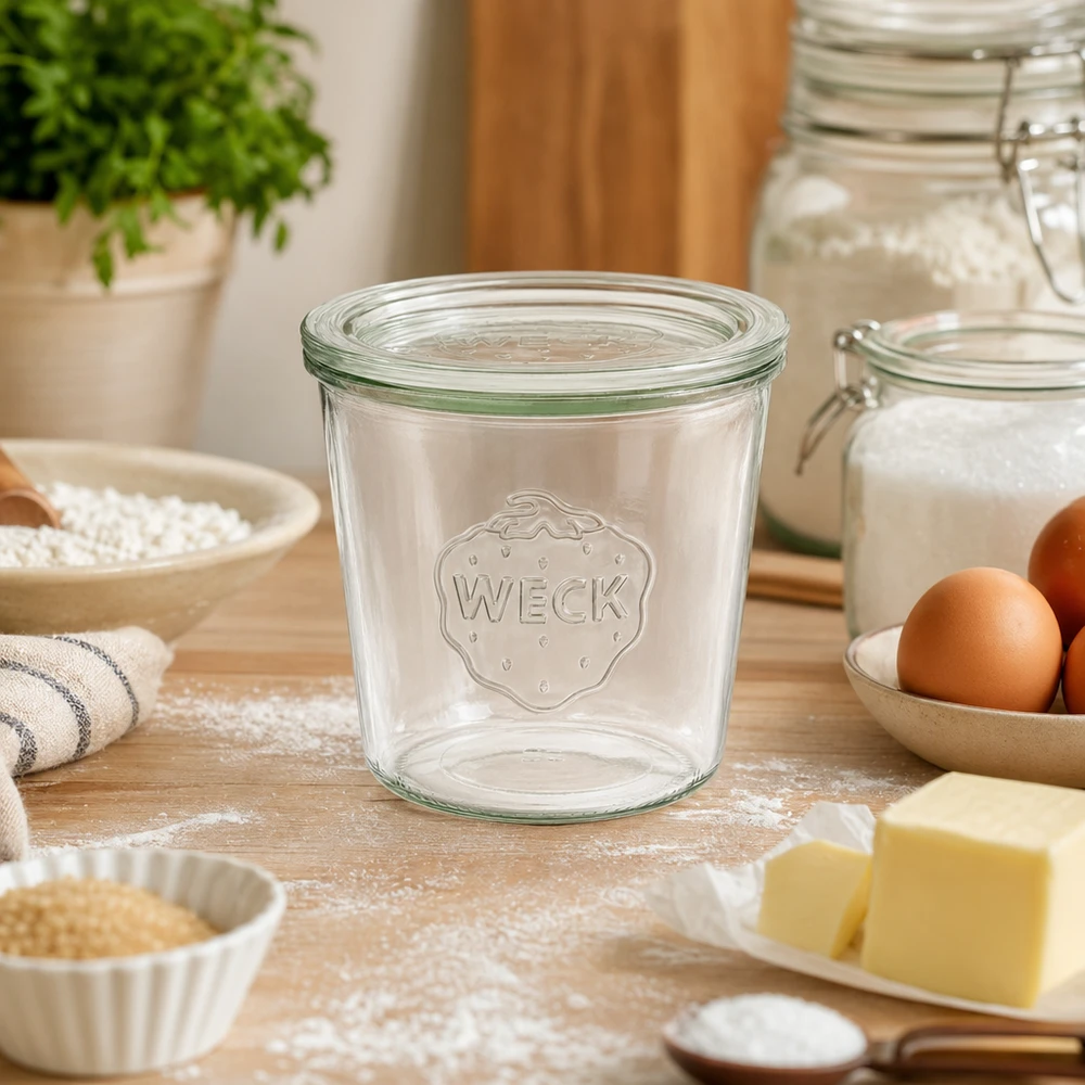 Frasco de vidro de 580 ml com tampa de vidro WECK RR100 Os copos WECK 580 ml RR100 vazios na bancada de madeira entre os ingredientes de pastelaria, como a farinha, os ovos e a manteiga, na cozinha