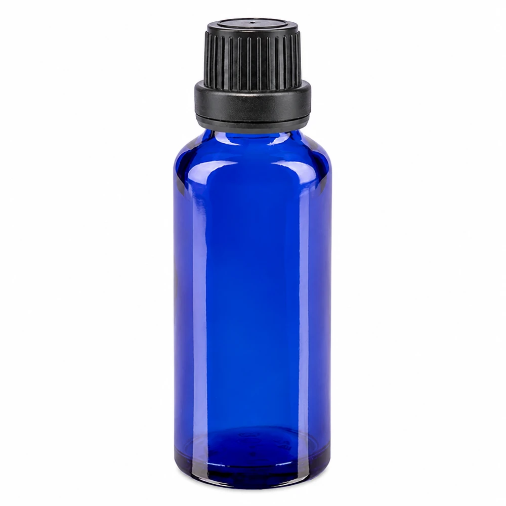 Frasco de vidro azul de farmácia com 30 ml e tampa de rosca preta de 11 mm para óleos essenciais