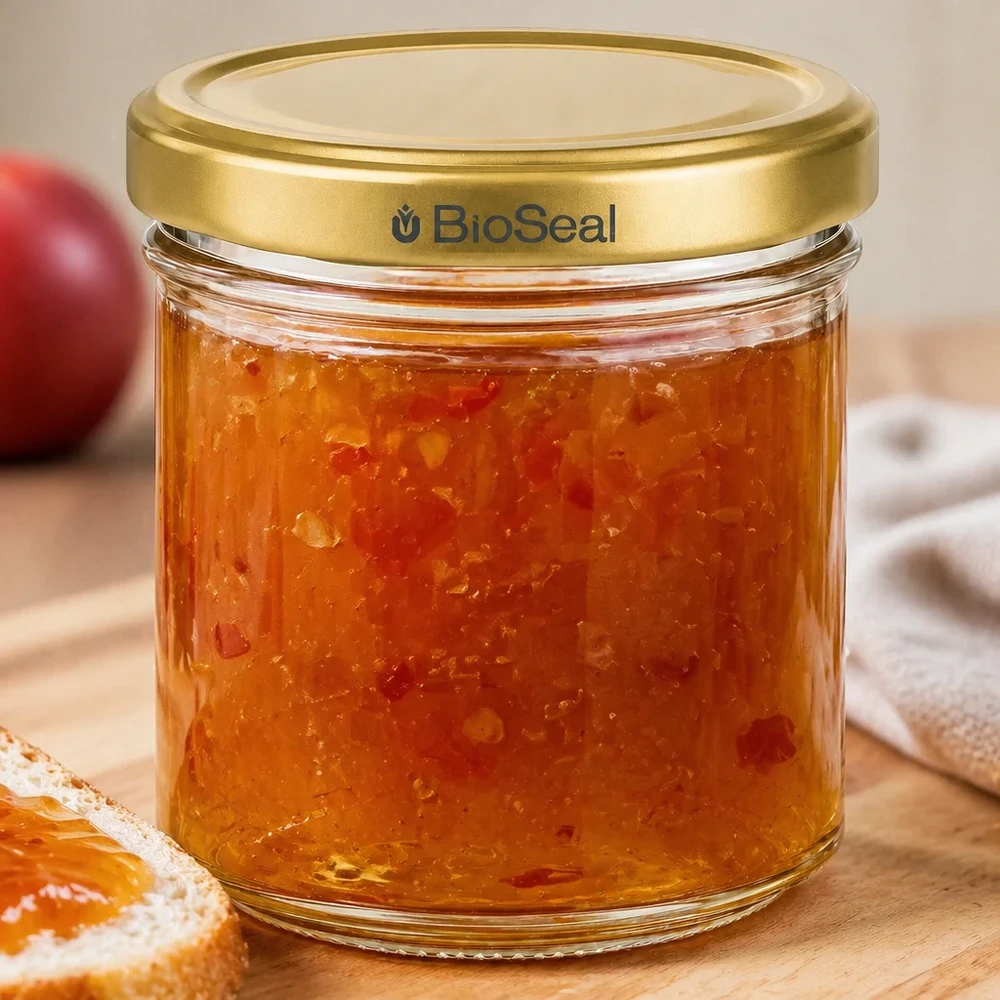 200g Honigglas mit goldenem Deckel BioSeal UNiTWIST Frasco BioSeal de 200 g cheio de doce de alperce com tampa dourada sobre uma mesa de madeira com torradas e fruta ao fundo