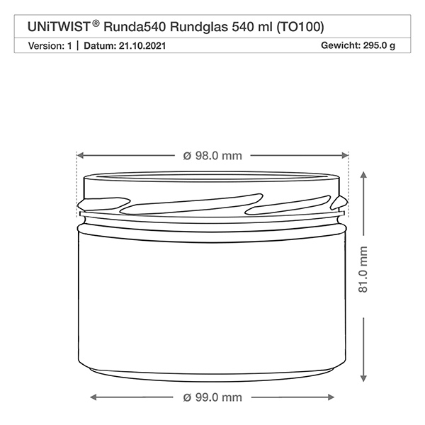 Frasco redondo de 540ml sem tampa (TO100) UNiTWIST UNiTWIST Runda540 copos 540ml TO100 desenho técnico dimensões diâmetro 98mm altura 81mm especificação do produto