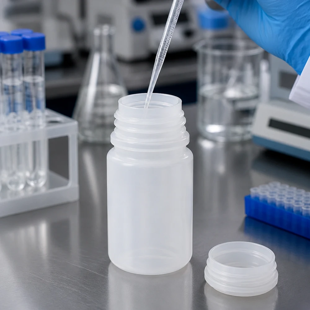 Frasco de laboratório de 50 ml com gargalo largo e sem tampa Frasco de plástico de 50 ml, de gargalo largo, transparente, sem tampa e com pipeta, durante o enchimento no laboratório