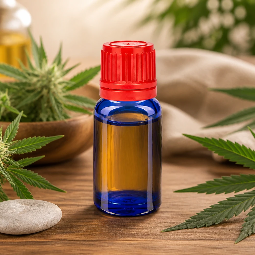 Frasco de 10ml 11mm tampa de rosca vermelha inviolável BlueLine UT18/10 Frasco de vidro BlueLine de 10 ml com tampa vermelha de 11 mm, ideal para óleo CBD e cosméticos naturais