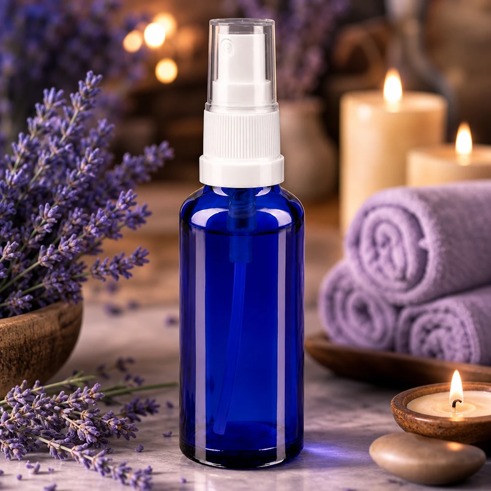 Frasco de farmácia azul 10ml spray top preto Frasco pulverizador de vidro borossilicato azul de 10 ml com pulverizador de bomba branco, com flores de lavanda