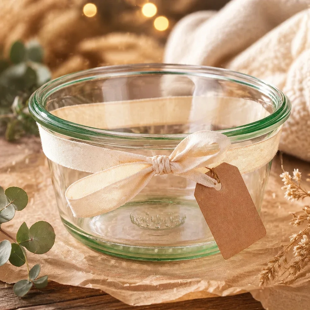 290ml Gourmetglas WECK RR100 WECK RR100 290ml Gourmetglas dekorativ mit Schleifenband und Anhänger als Geschenkidee auf natürlich gedecktem Tisch
