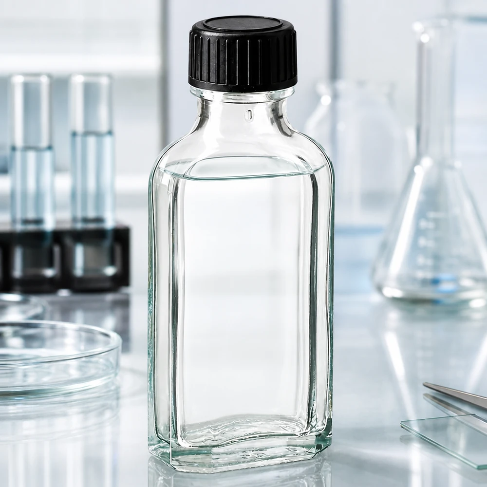 Tampa de rosca transparente Meplat de 50 ml com disco de vedação LKD Frasco Meplat de 50 ml em vidro transparente com tampa de rosca estriada, utilizado em ambiente laboratorial