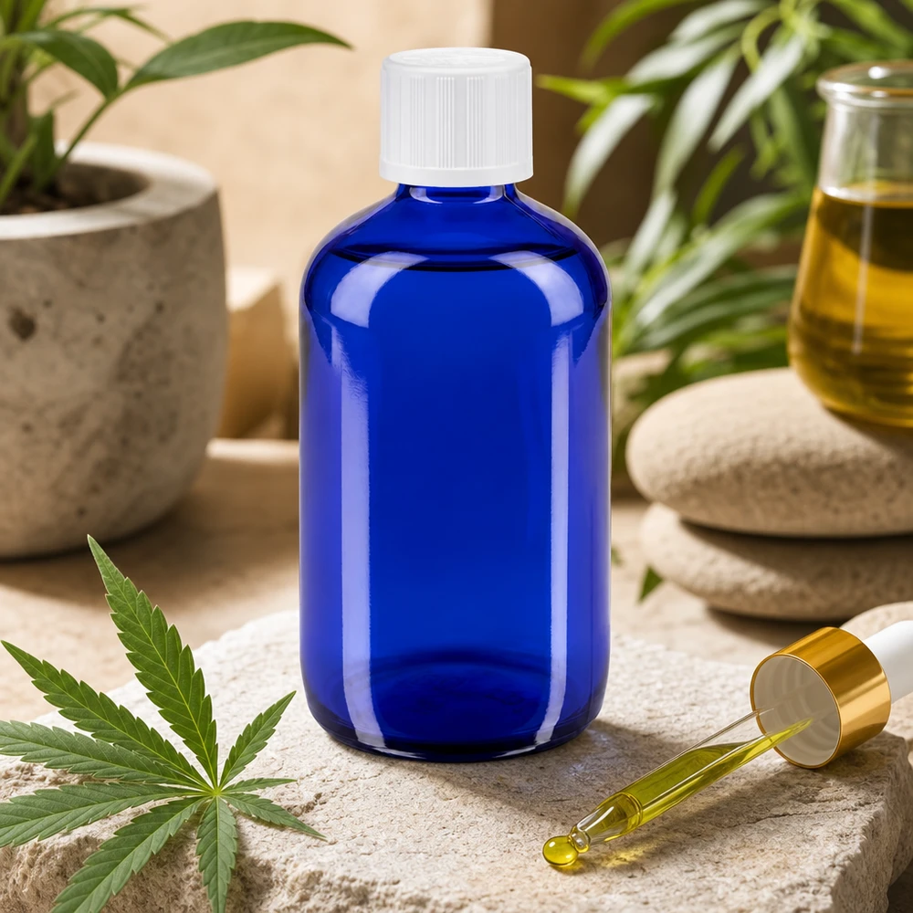 Frasco de farmácia azul de 100 ml com folha de CBD e conta-gotas dourado para produtos naturais