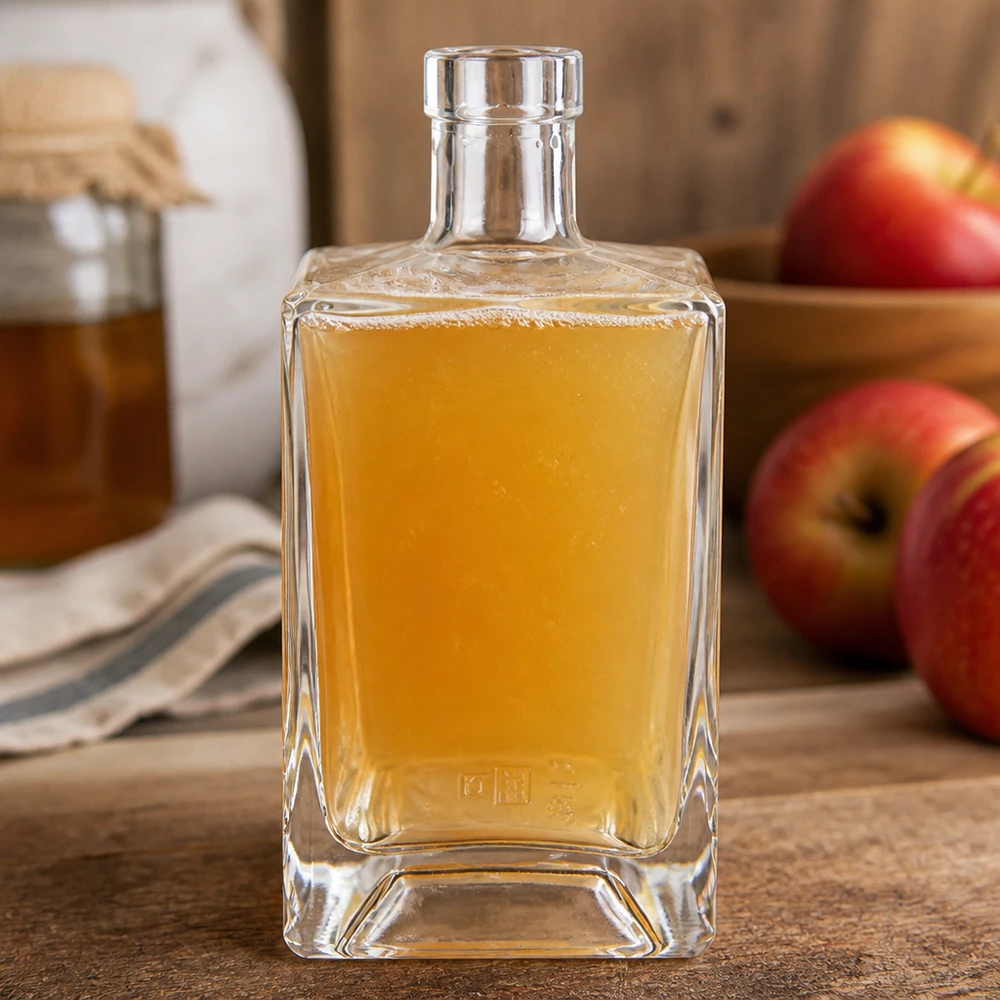 Garrafa de vidro de 700 ml cheia de sumo de maçã ao lado de maçãs vermelhas numa tábua de madeira, ambiente natural de cozinha
