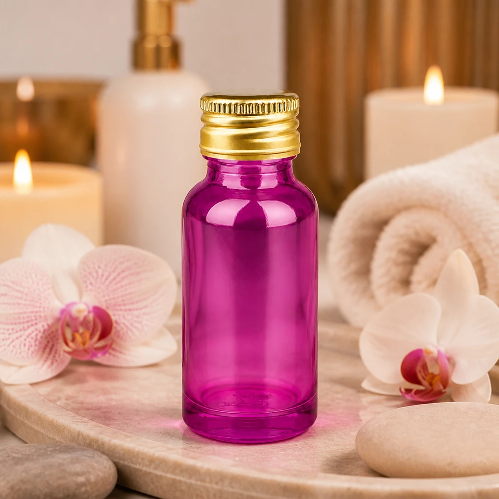 Frasco de vidro de 20 ml com rosca de 11 mm em violeta e tampa dourada para aplicações de aromaterapia