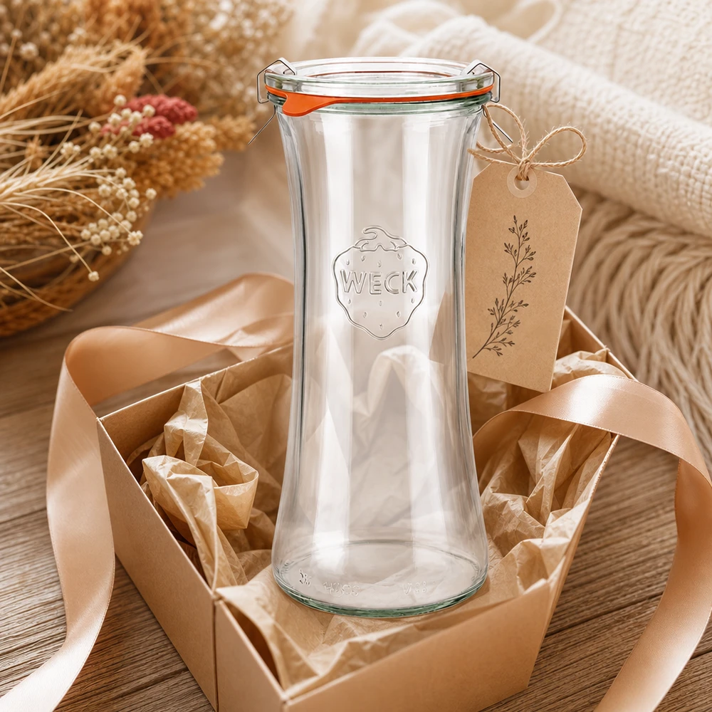 Frasco de charcutaria WECK 700ml RR80 embrulhado para presente com laço e etiqueta em decoração rústica