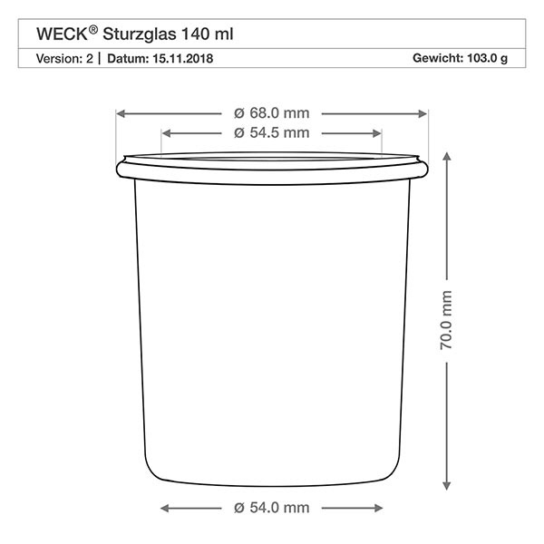 Copos de vidro de 140 ml WECK RR60 Frasco de vidro WECK 140ml RR60 com dimensões e desenho técnico para frasco de conserva